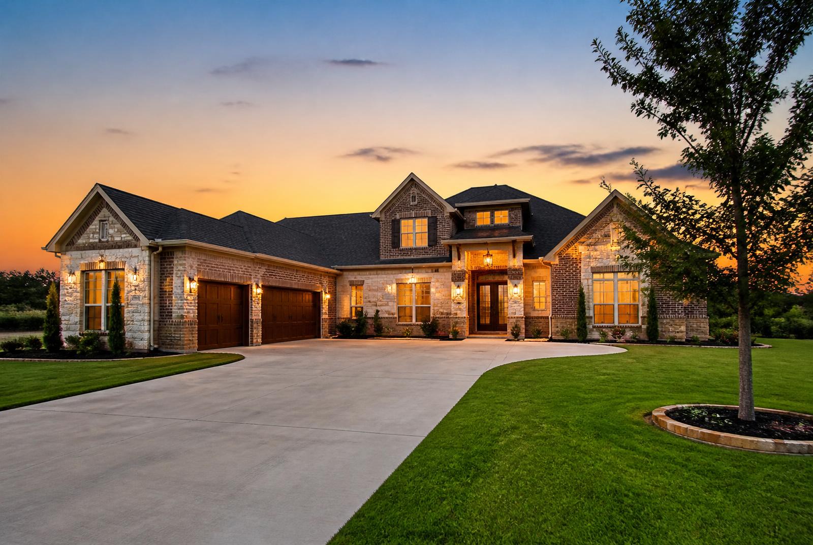Texas ranch-style home exterior at dusk with warm lighting and a wide driveway